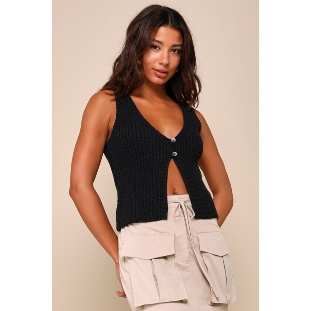 Lulus Effortlessly Elite Black Button-front Sweater Vest Top - Size M